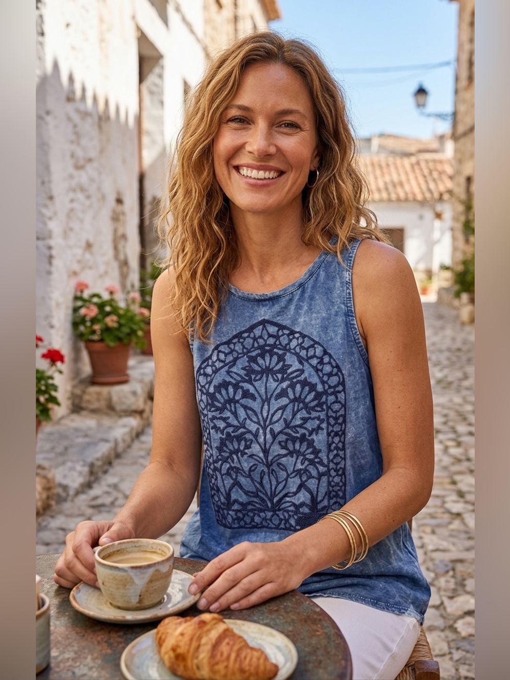 Lucky Brand Blue Floral Embroidered Mineral Wash Graphic Tank Top - Small